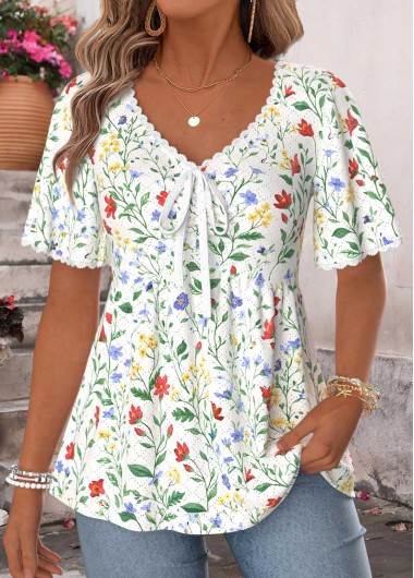 women clothes image of Multi Color Floral Print Patchwork Short Sleeve T Shirt