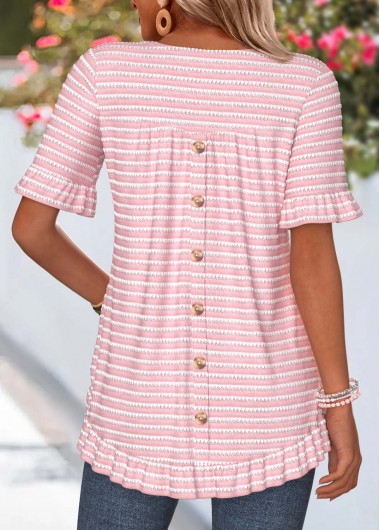 women clothes image of Pink Striped Frill Short Sleeve Round Neck T Shirt
