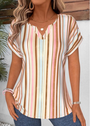 women clothes image of Multi Color Striped Tummy Coverage Short Sleeve T Shirt