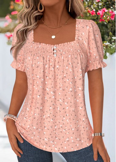 women clothes image of Dusty Pink Ditsy Floral Print Smocked Short Sleeve Blouse