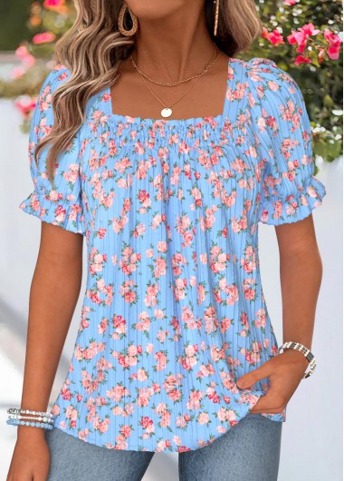 women clothes image of Light Blue Ditsy Floral Print Smocked Short Sleeve Blouse