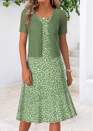 women clothes image of Green Ditsy Floral Print Tuck Stitch Dress and Cardigan