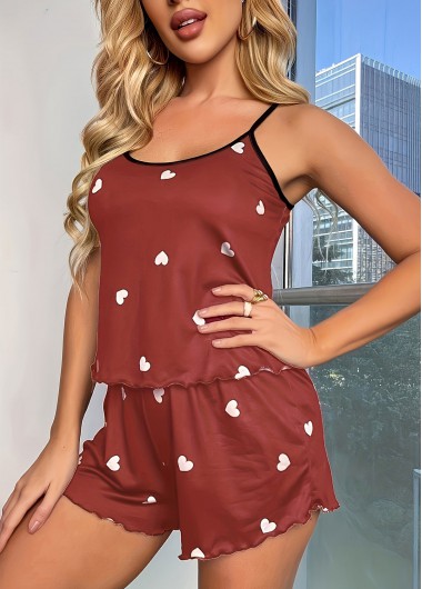women clothes image of Terracotta Heart Print Strappy Lounge Top and Shorts