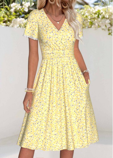 women clothes image of Light Yellow Ditsy Floral Print Double Side Pockets Dress