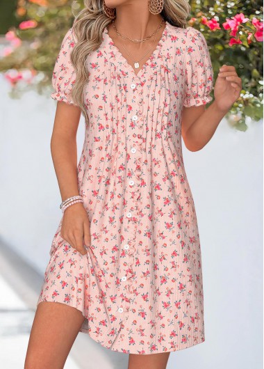 women clothes image of Light Pink Ditsy Floral Print Short Tuck Stitch Dress