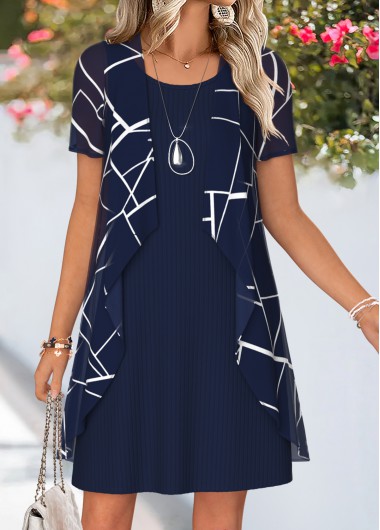 women clothes image of Navy Geometric Print Short Two-piece Dress and Cardigan