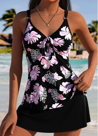 women clothes image of Black Mid Waisted Tie Floral Print Tankini Set