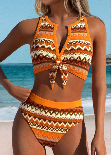 women clothes image of Yellow Mid Waisted Bowknot Chevron Print Bikini Set