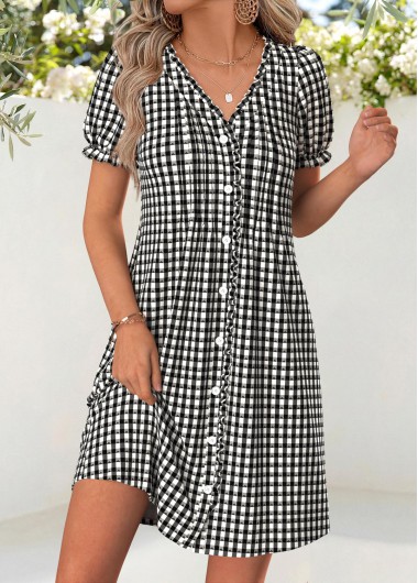 women clothes image of Black Plaid Short Tuck Stitch V Neck Dress
