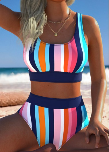 women clothes image of Multi Color Mid Waisted Pull On Striped Bikini Set