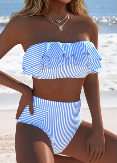 women clothes image of Light Blue High Waisted Ruffle Striped Bikini Set