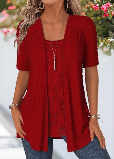 women clothes image of Red Short Sleeve Fake Two Piece Twinset