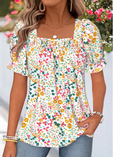 women clothes image of Multi Color Ditsy Floral Print Smocked Short Sleeve Blouse