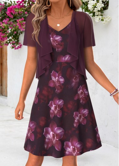 women clothes image of Purple Floral Print Tummy Coverage Dress and Cardigan