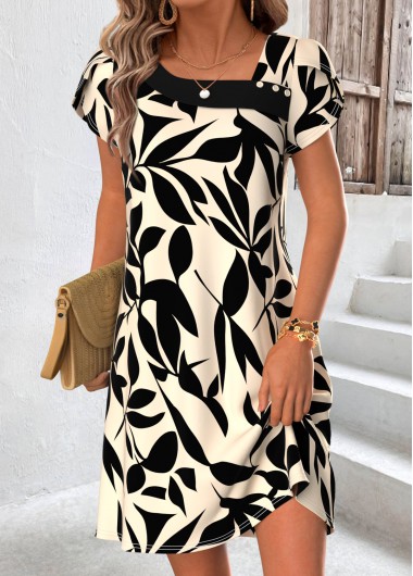 women clothes image of Beige Leaf Print Short Tummy Coverage Asymmetrical Neck Dress