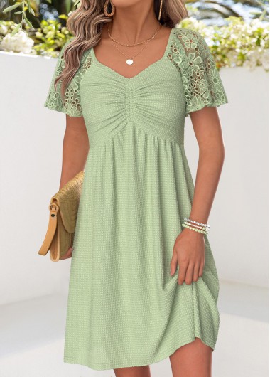 women clothes image of Sage Green Short Patchwork V Neck Dress