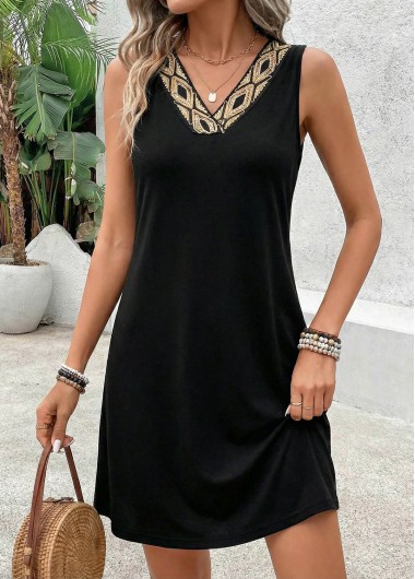 women clothes image of Black Short Patchwork Sleeveless V Neck Dress