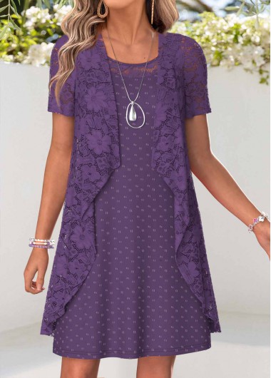 women clothes image of Purple Two-piece Short Sleeve Round Neck Dress and Cardigan