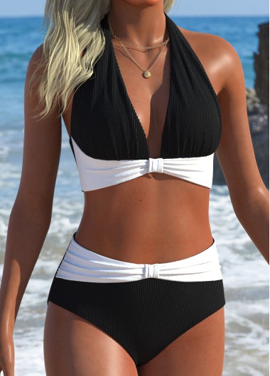 women clothes image of Black Mid Waisted V-Neck Bikini Set