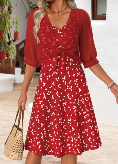 women clothes image of Red Ditsy Floral Print Shirred Dress and Cardigan