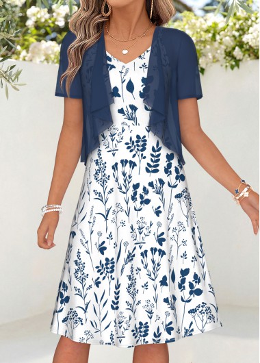 women clothes image of Navy Floral Print Two-piece Short Sleeve Dress and Cardigan