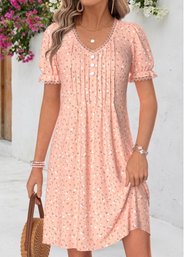 women clothes image of Pink Ditsy Floral Print Short Tuck Stitch Dress