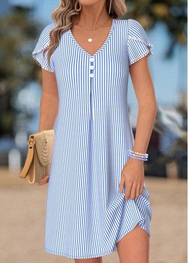 women clothes image of Light Blue Striped Short Tummy Coverage V Neck Dress