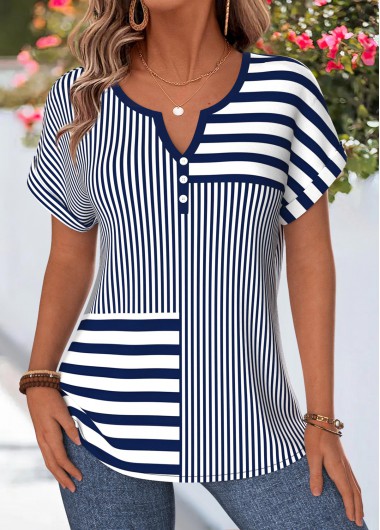 women clothes image of Navy Striped Tummy Coverage Short Sleeve Split Neck Blouse