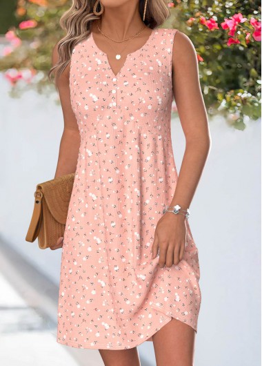 women clothes image of Dusty Pink Ditsy Floral Print Short Shirred Sleeveless Dress