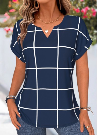 women clothes image of Navy Plaid Tummy Coverage Short Sleeve T Shirt