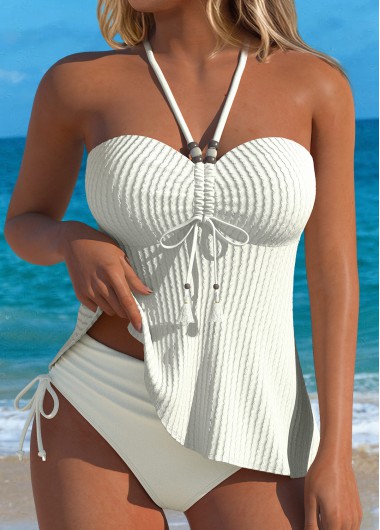 women clothes image of Beige Mid Waisted Lace Up Tankini Set