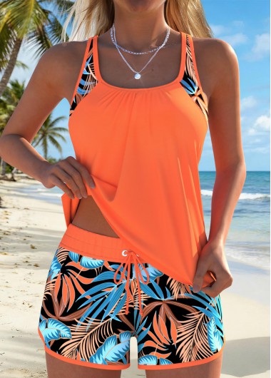 women clothes image of Orange Mid Waisted Patchwork Leaf Print Tankini Set