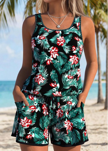 women clothes image of Black Bowknot Tropical Plants Print One Piece Swimwear