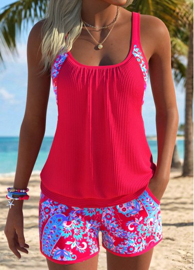 women clothes image of Peach Red Mid Waisted Pocket Paisley Print Tankini Set