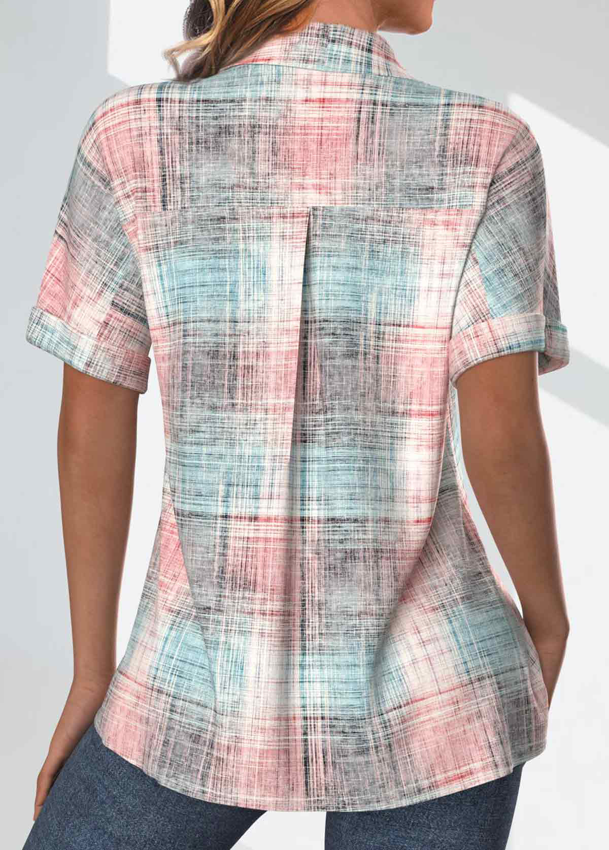 Light Pink Pocket Plaid Short Sleeve Shirt Collar Blouse | picture 