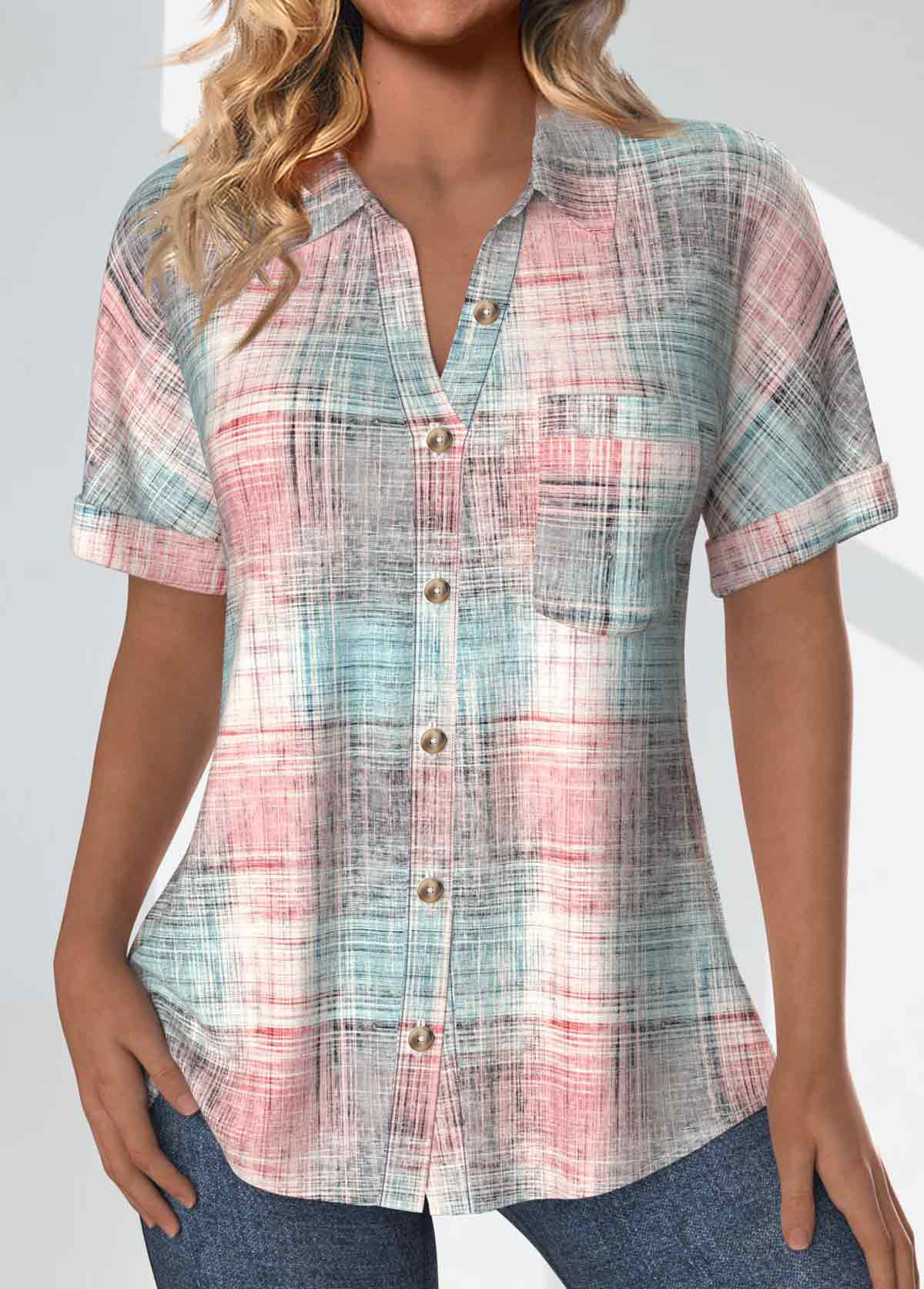Light Pink Pocket Plaid Short Sleeve Shirt Collar Blouse | picture 