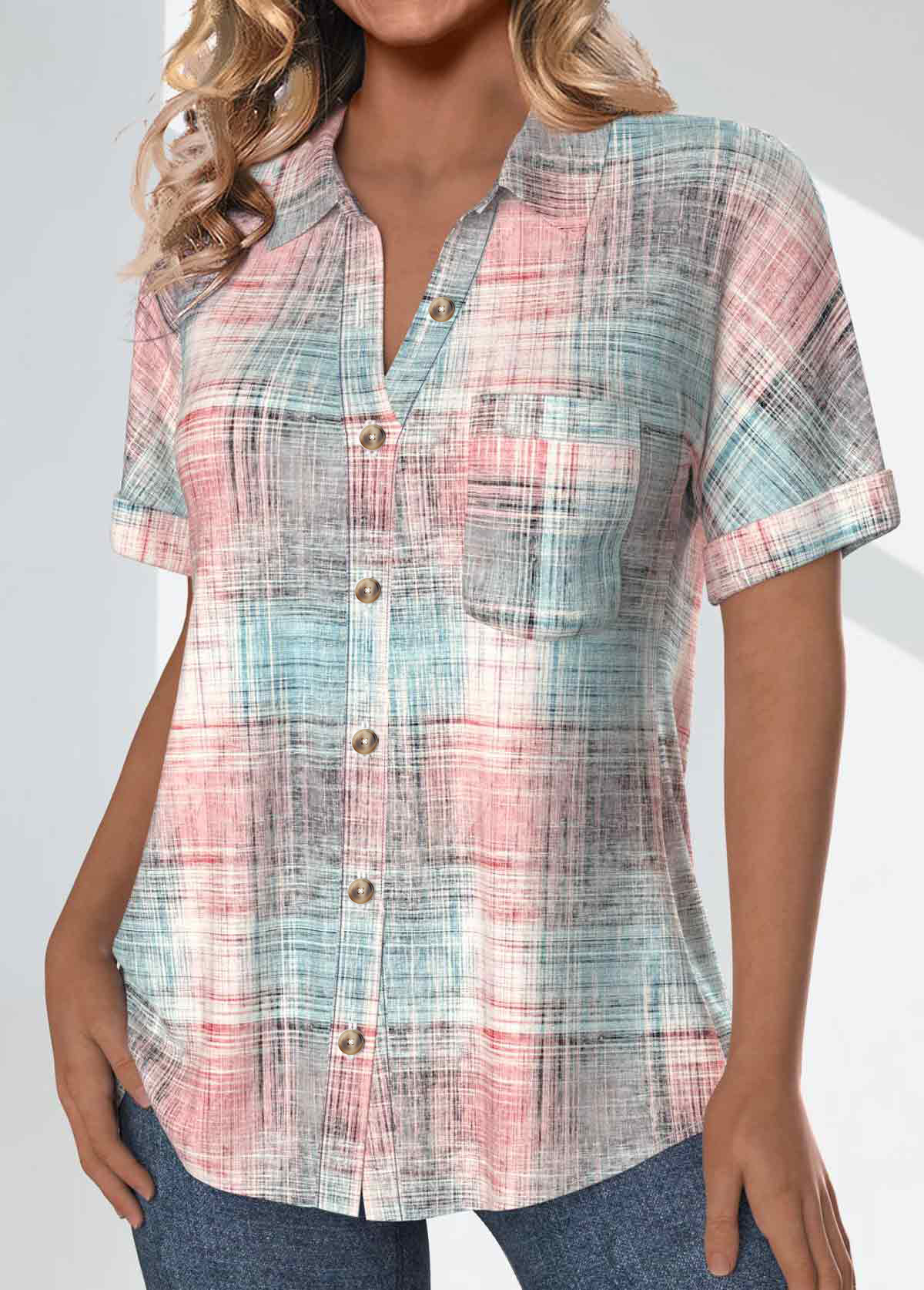 Light Pink Pocket Plaid Short Sleeve Shirt Collar Blouse | picture 