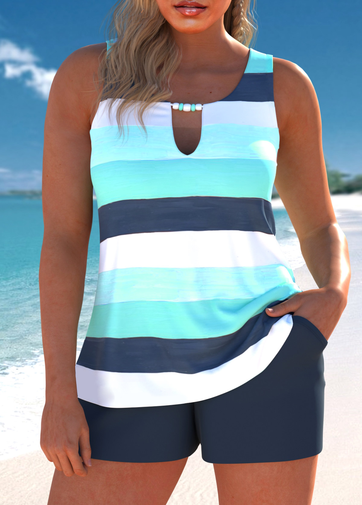 Cut Out Multi Stripe Print Cyan Tankini Set | picture 