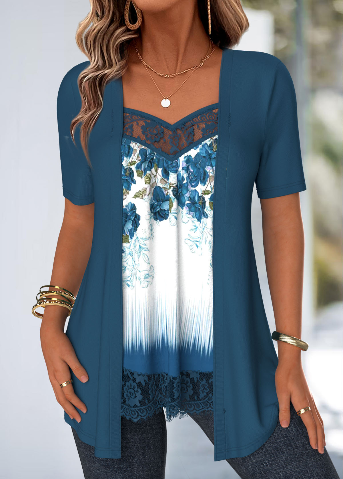 Peacock Blue Lace Floral Print Fake Two Piece Twinset | picture 