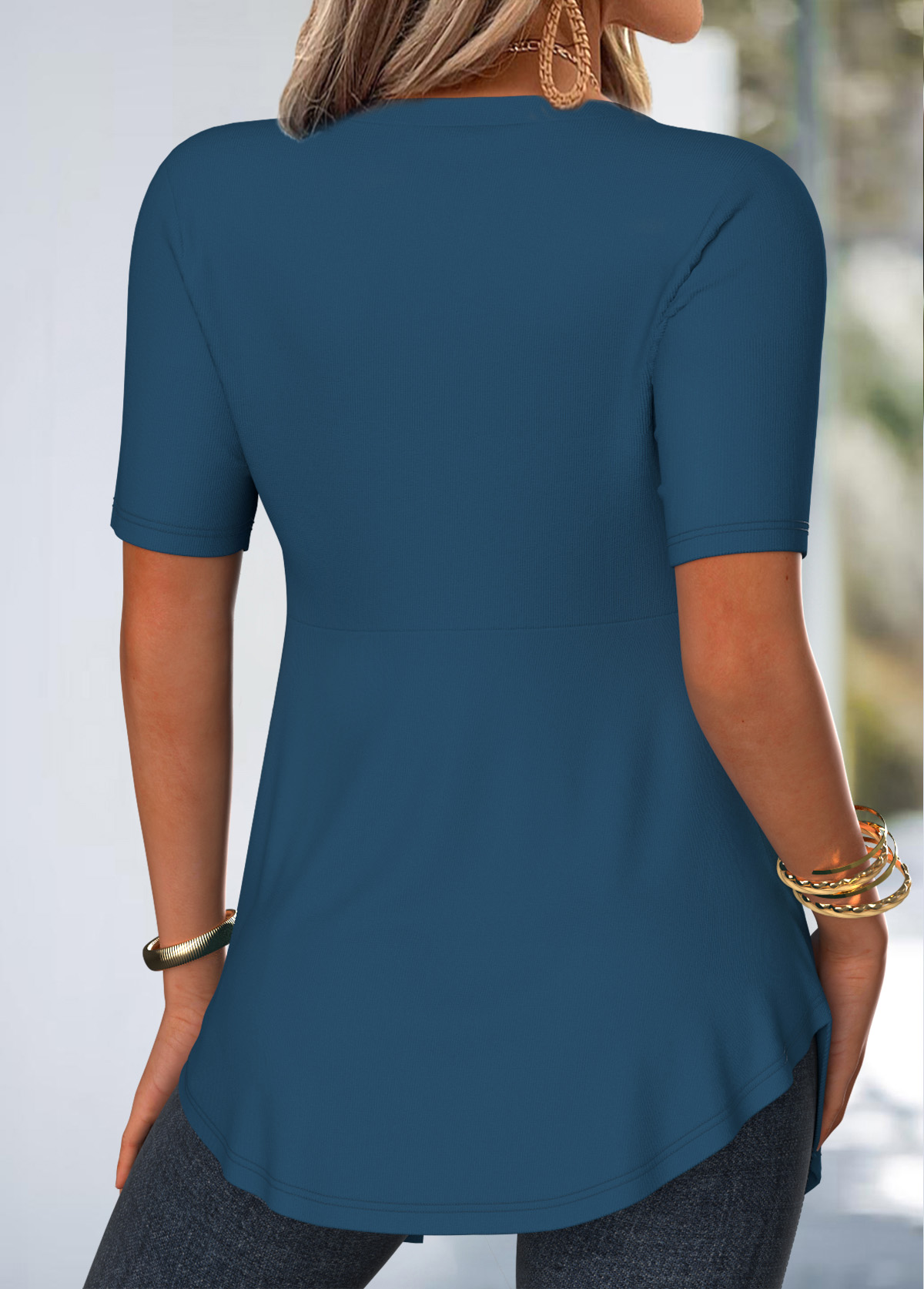 Peacock Blue Lace Floral Print Fake Two Piece Twinset | picture 