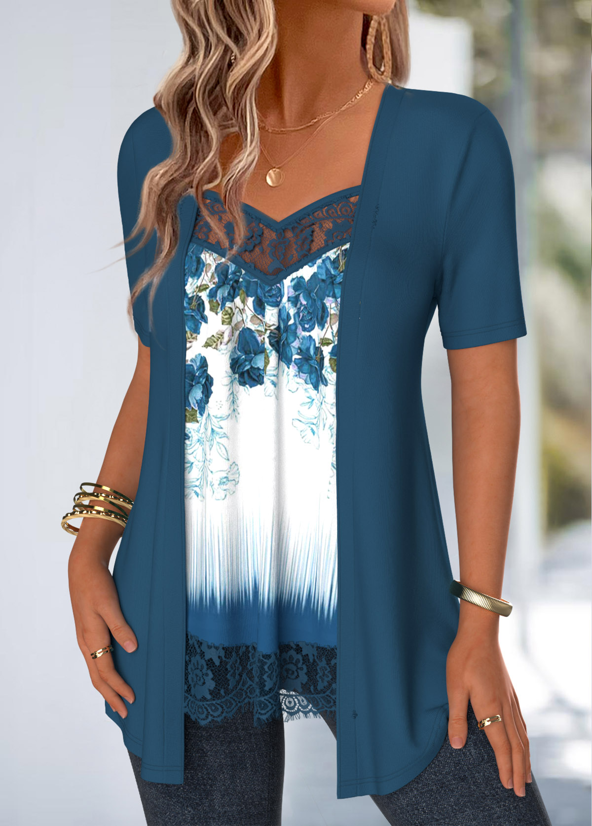 Peacock Blue Lace Floral Print Fake Two Piece Twinset | picture 