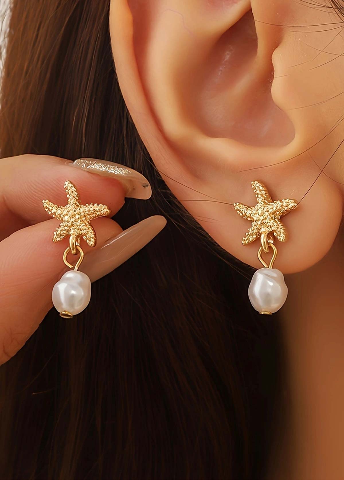 Golden Starfish Alloy Pearl Design Earrings | picture 