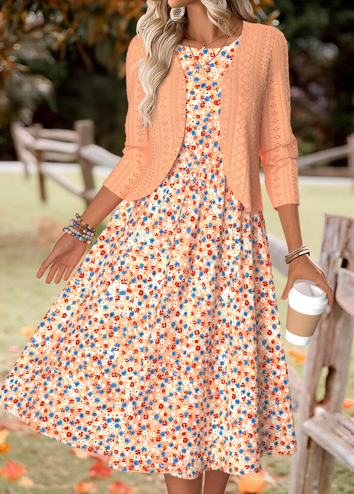 Orange Ditsy Floral Print Long Sleeve Dress and Cardigan | picture 