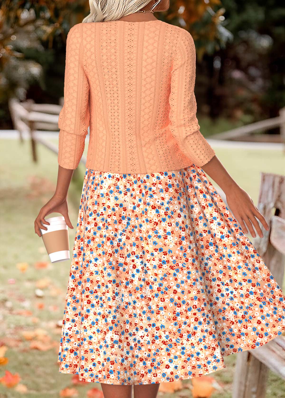 Orange Ditsy Floral Print Long Sleeve Dress and Cardigan | picture 