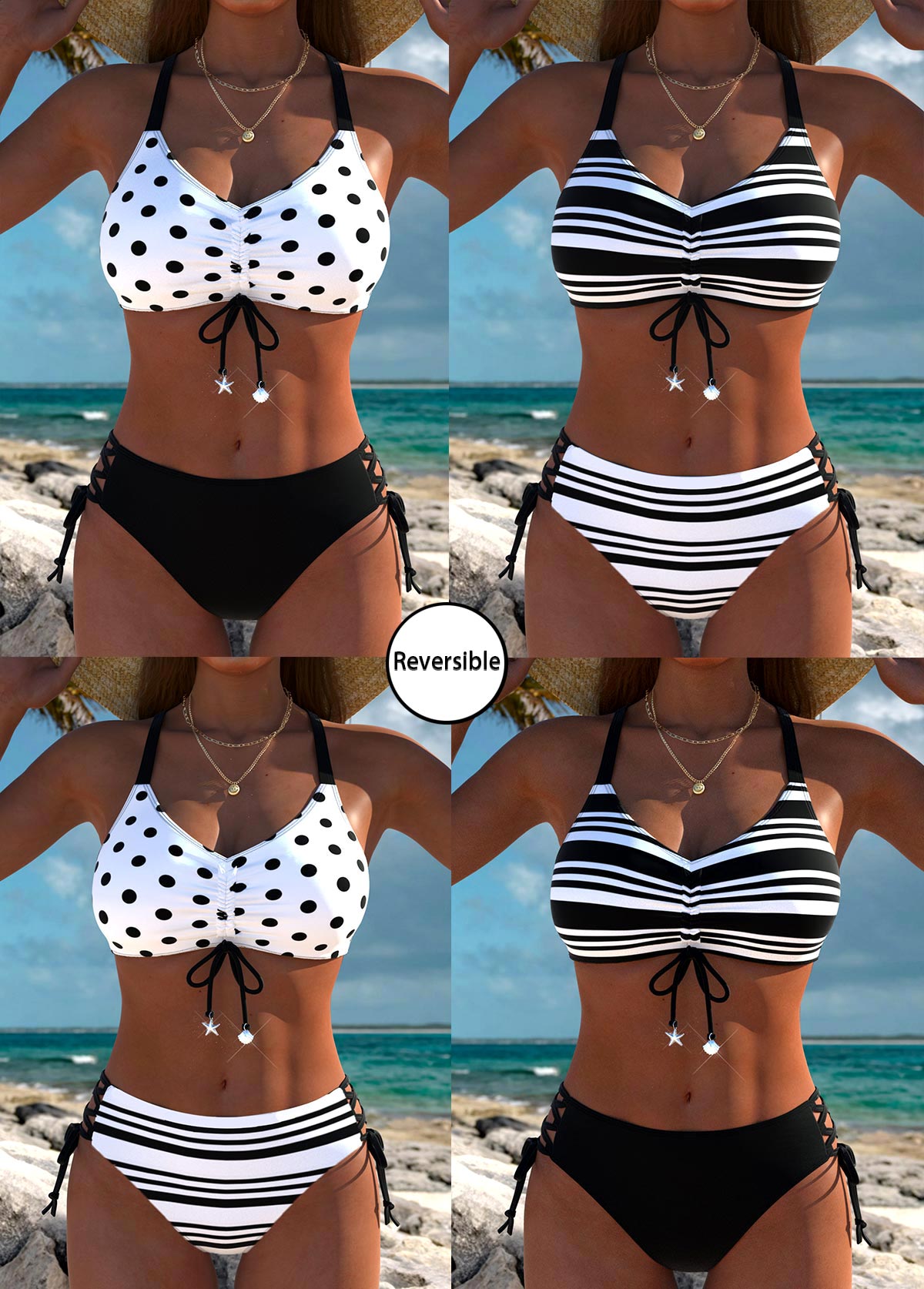 Mid Waisted Reversible Striped Black Bikini Set | picture 