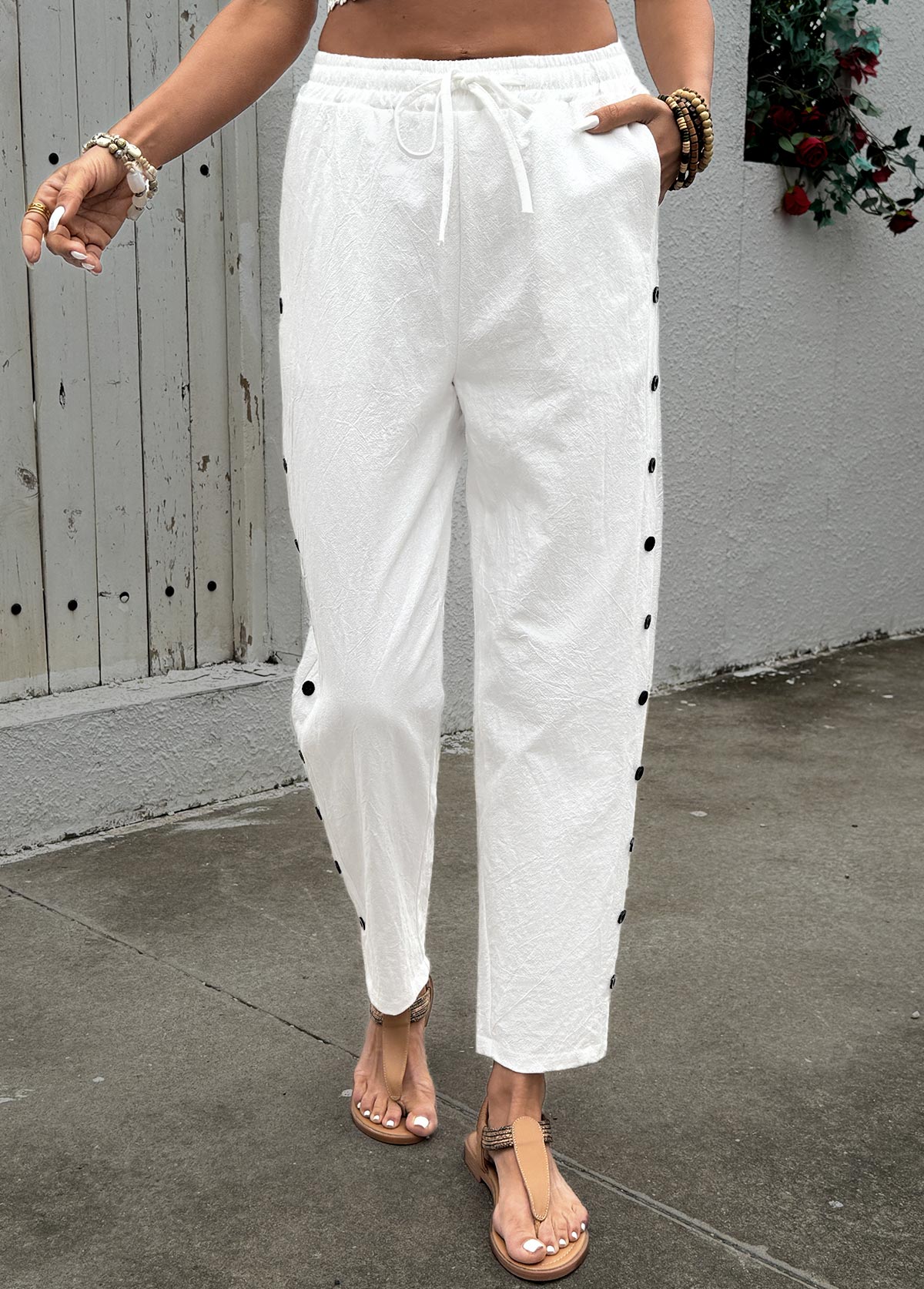 White Soft Straight Leg Elastic Waist High Waisted Pants | picture 