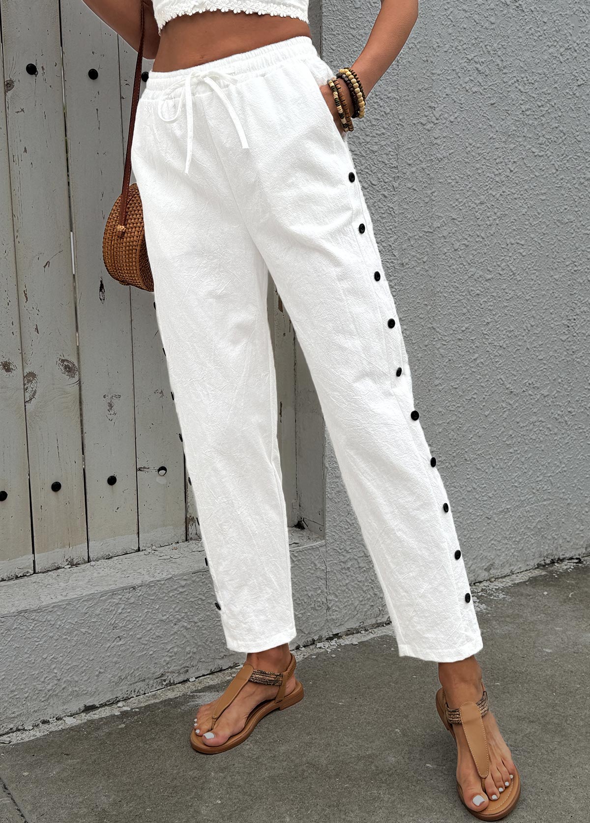 White Soft Straight Leg Elastic Waist High Waisted Pants | picture 
