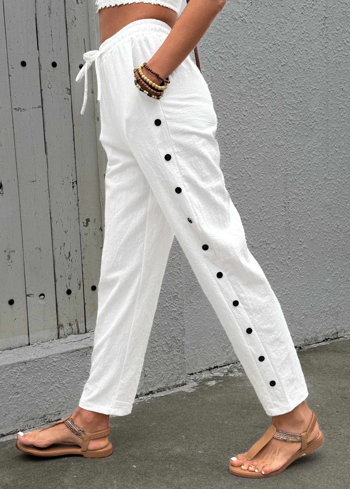 White Soft Straight Leg Elastic Waist High Waisted Pants | picture 