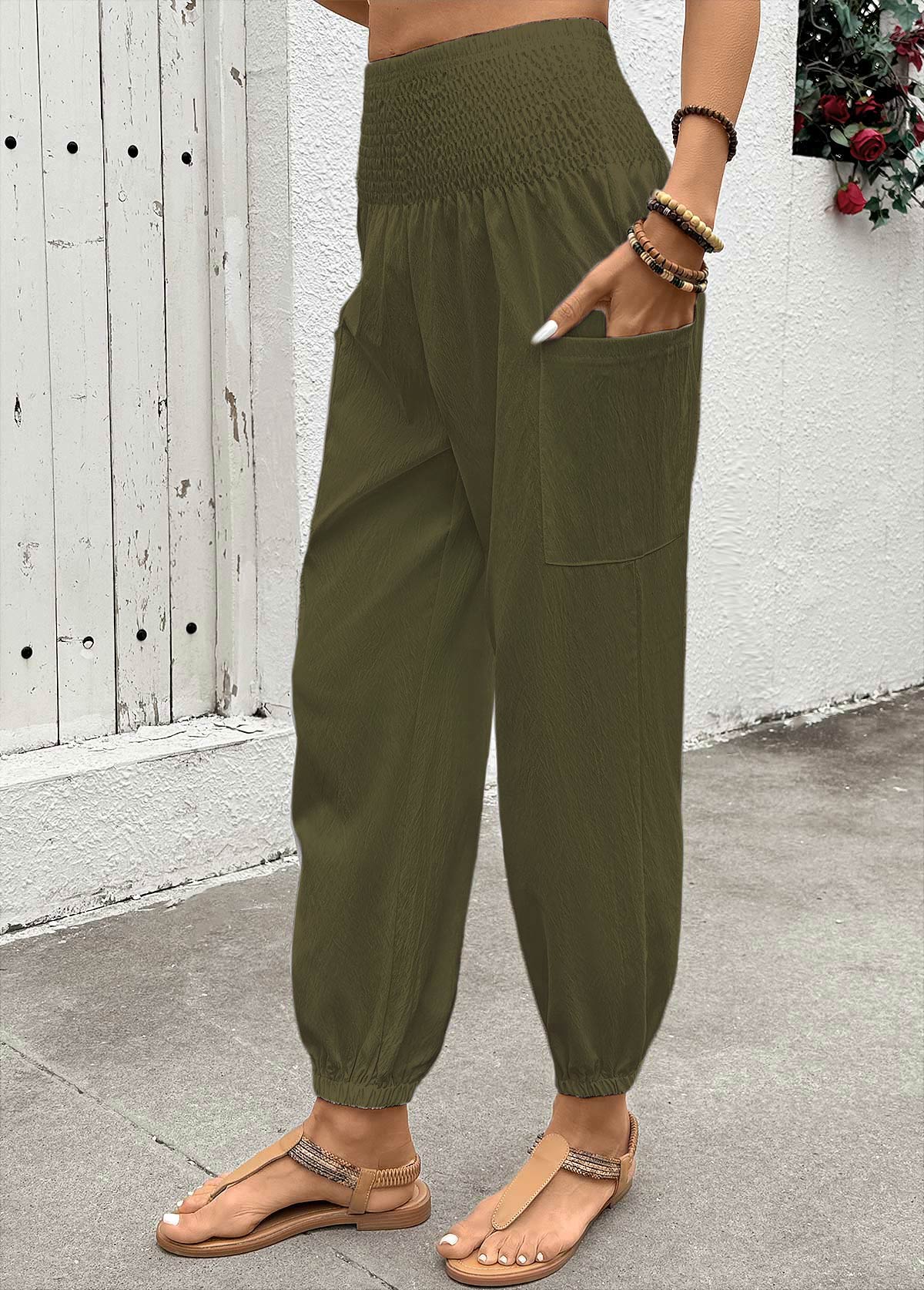 Olive Green Soft Jogger Elastic Waist High Waisted Pants | picture 