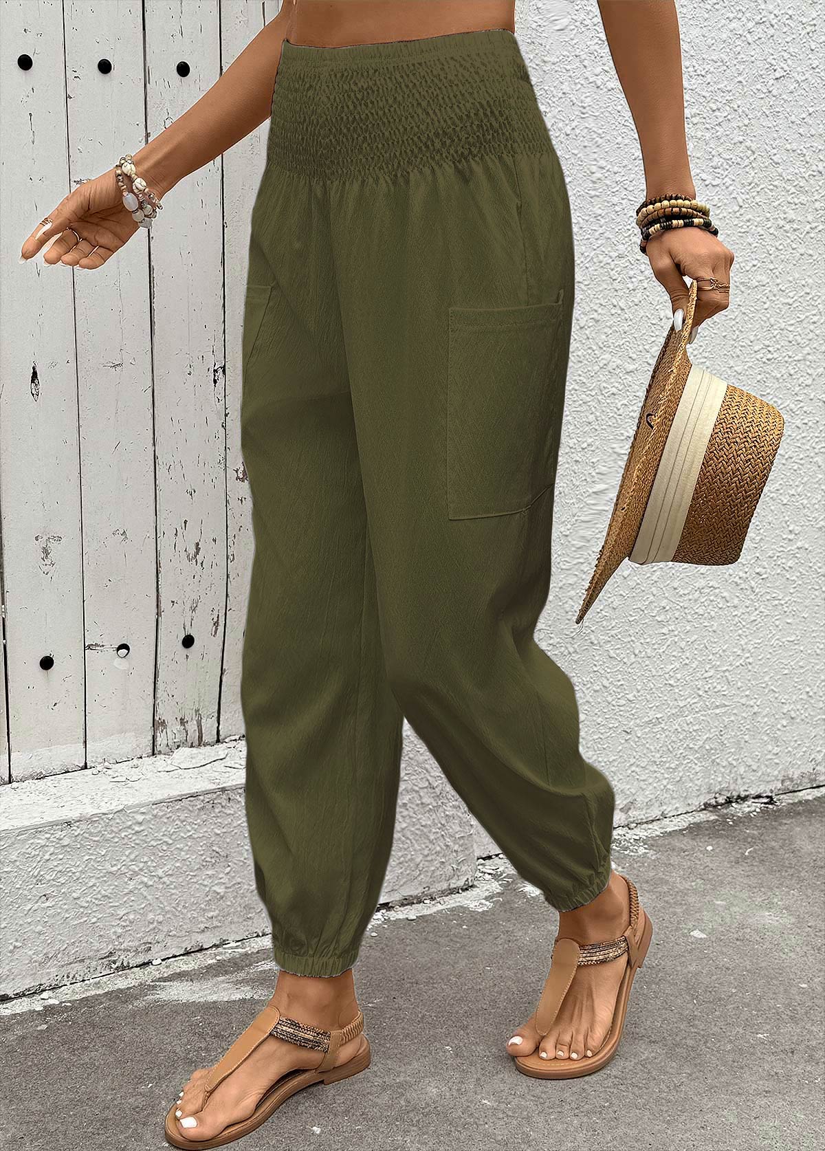 Olive Green Soft Jogger Elastic Waist High Waisted Pants | picture 